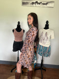 western print dress with mesh sleeves. coastal cowgirl dress