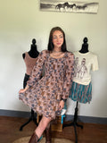 western print dress with mesh sleeves