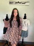 western print dress that is nutral colors.
