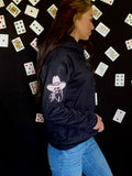 black hoodie with pink cowboy on the sleeve