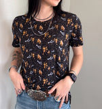 Western print palomino tee. Cowgirl top, western top, soft stretchy top