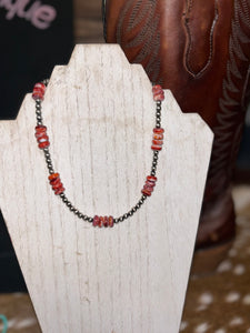 naavajo pearl and red spiny necklace. sterling silver pearls and red spiny beads 