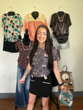 Mesh top with western print tack room top. Mesh short sleeve top with western print. Western country concert outfit 