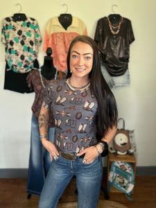 Mesh top with western print tack room top. Mesh short sleeve top with western print 