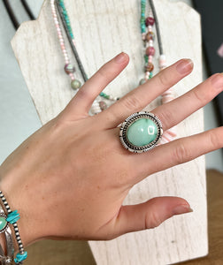 large turquoise and sterling silver ring. A western style turquoise ring worn with turquoise bracelets 