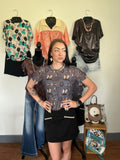 Mesh top with western print tack room top. Mesh short sleeve top with western print 