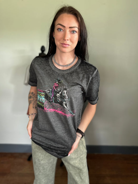 barrel racer, barrel racer top, barrel racer graphic tee cowgirl wearing a barrel racing graphic tee