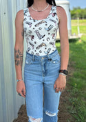 Bodysuit with boot print, bodysuit with western print, cowgirl body suit