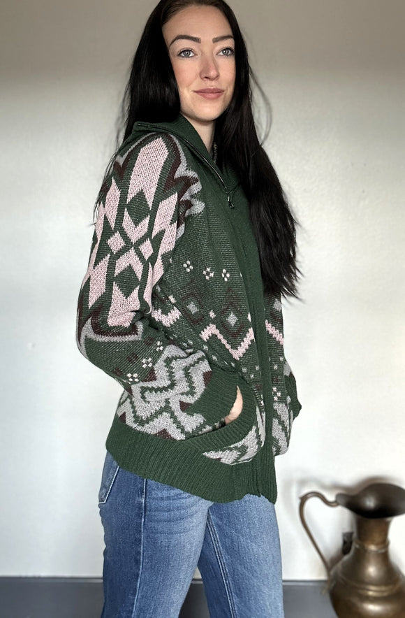 sweater knit jacket with green aztexc print