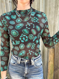 Metallic western top, spur on top, women’s western top, western style top, cowgirl top, metallic western top with turquoise buttons 