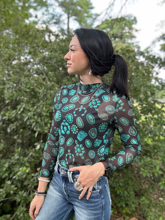 Western mesh top, turquoise pattern mesh top, long sleeve mesh top. Black with turquoise print. Country top, western top, cowgirl top. 