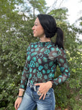 Western mesh top, turquoise pattern mesh top, long sleeve mesh top. Black with turquoise print. Country top, western top, cowgirl top. 