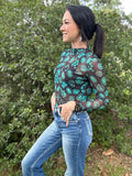 Metallic western top, spur on top, women’s western top, western style top, cowgirl top, metallic western top with turquoise buttons 