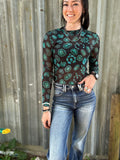 Metallic western top, spur on top, women’s western top, western style top, cowgirl top, metallic western top with turquoise buttons 